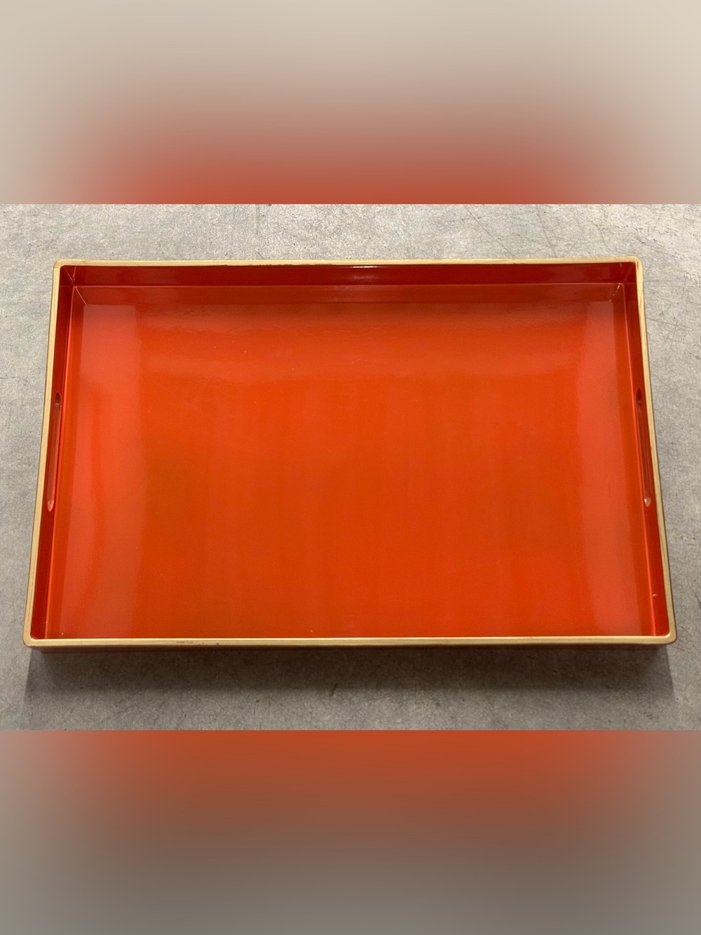 Orange Lacquer Rectangular Tray with Handles and Gold Accents